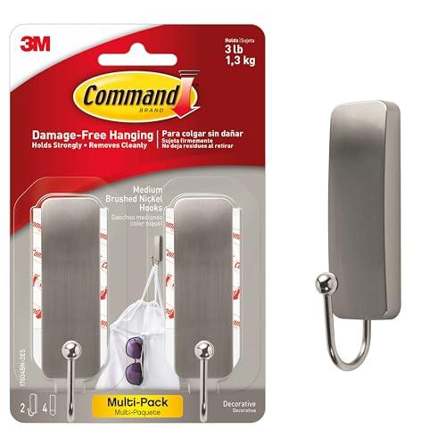 Command® Sticky Wall Hooks Nickel Satin M 2-Pack No Drilling, No Damage to Walls 17034SN-2JP
