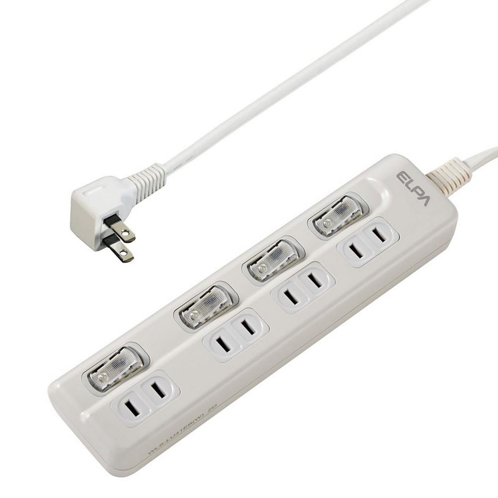 ELPA Switch-Equipped Tap Outlet Extension Cord with LED Top Plugs, 4 Outlets, 3m WLS-LU43EB(W)
