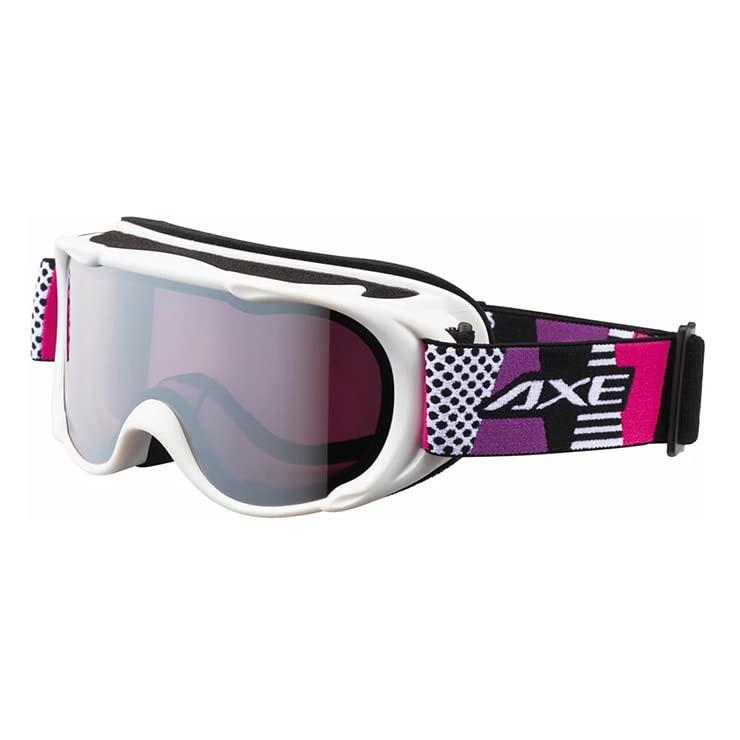 AXE Junior Ski & Snowboard Goggles Ages 10 and up Double Lens Compatible with glasses and helmets Frame: Matte White Lens: Pink Base Mirror: Silver Mirror AX270-WMD