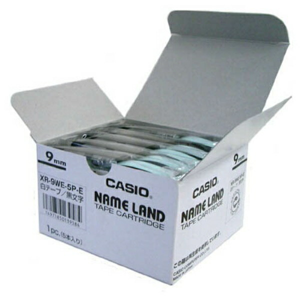 Casio LabelWriter NameLand Genuine Tape 9mm XR-9WE-5P-E Black Text on White Background 5 Rolls
