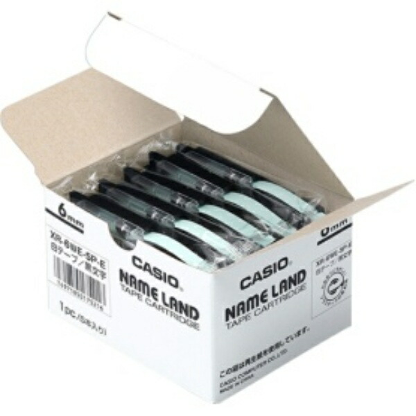 Casio LabelWriter NameLand Genuine Tape 6mm XR-6WE-5P-E Black Text on White Background 5 Rolls