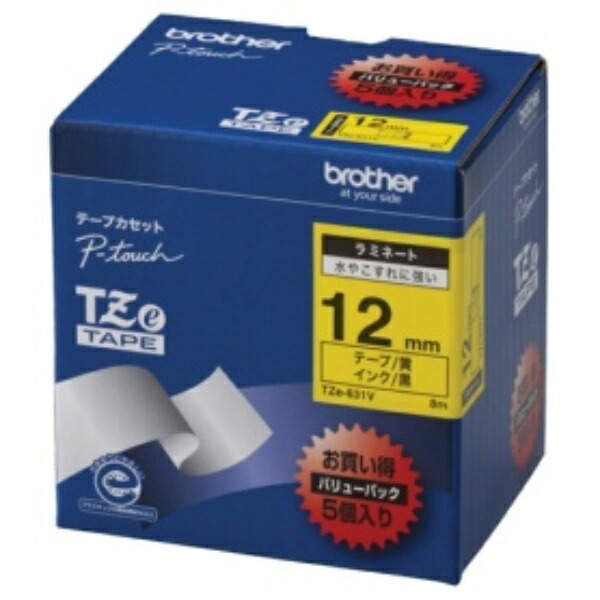 Brother Industries TZe Tape Laminating Tape (Yellow Background/Black Text) 12mm 5-Pack TZe-631V