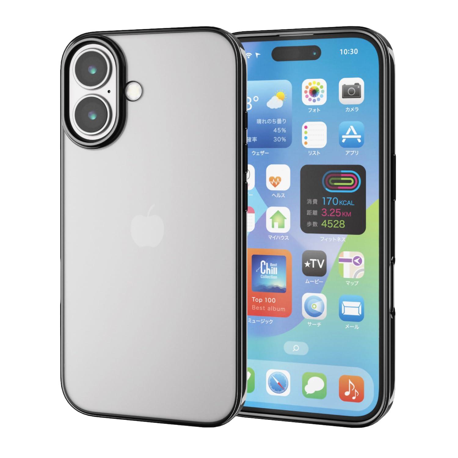 ELECOM iPhone 16 Case Clear Slim Metallic Frame Soft TPU Metallic Black Wireless Charging Compatible PM-A24AUCTMBK