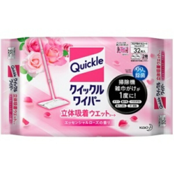 Quickle Wiper Floor Cleaning Tool 3D Adhesive Wet Sheets Rose Scent 32 Sheets