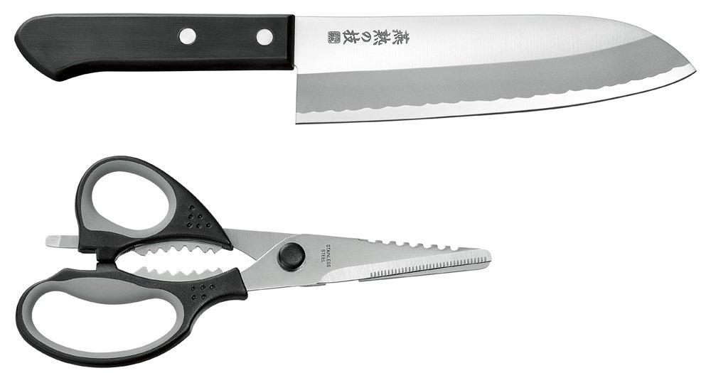 Yokoyama Yanagi-style Craftsmanship Santoku Knife 165mm & Kitchen Shears Rust-resistant, easy-to-maintain stainless steel blade EJH-300
