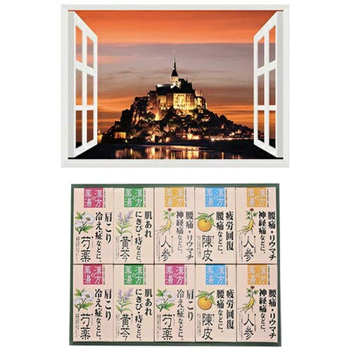 Showa Plastic Bath Poster: World Heritage Mont Saint-Michel + Medicinal Bath Salt Gift Set B6133529+8100444