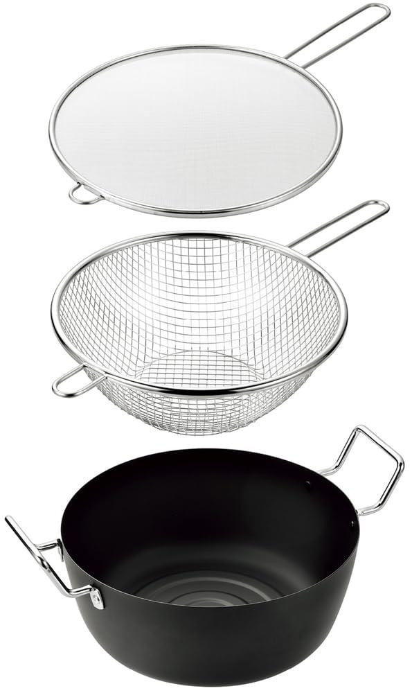 Yokoyama Swallow-Matured Craftsmanship Tempura Pot 22cm & Handled Fryer 22cm & Fryer Oil Splatter Guard 24cm EJTF-800
