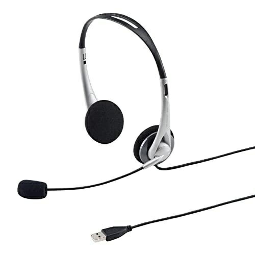 Sanwa Supply USB Headset/Headphones Wired Omnidirectional Microphone Lightweight Compatible with Skype Zoom Teams Silver MM-HSUSB16SVN