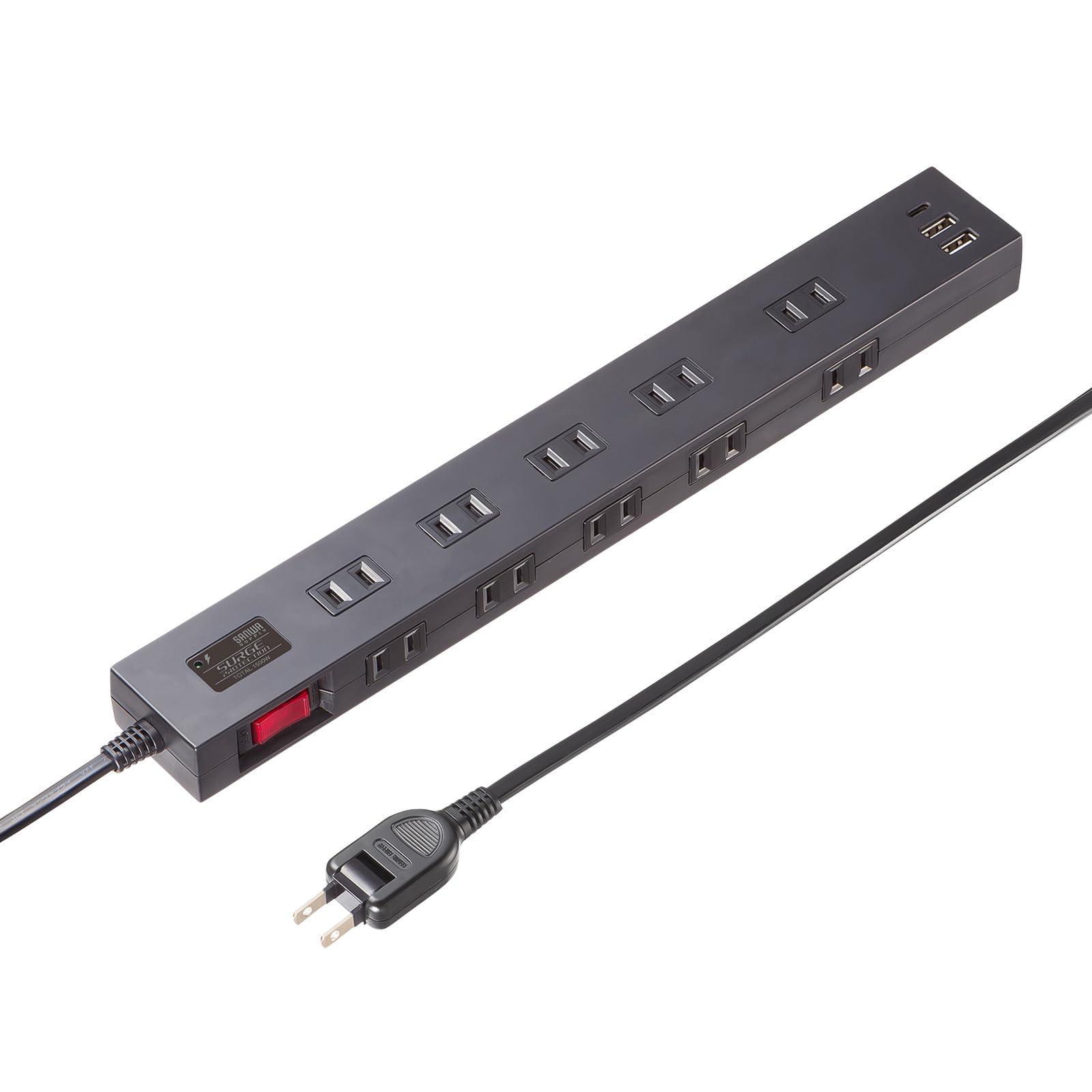 Sanwa Supply Surge Protector Tap 10 Outlets + USB-A + Type-C (PD20W) Black・2m TAP-SP2110NUC-2BK