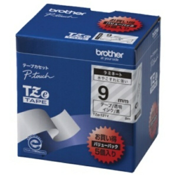 Brother Industries TZe Tape Laminating Tape (Transparent Base/Black Text) 9mm 5-Pack TZe-121V