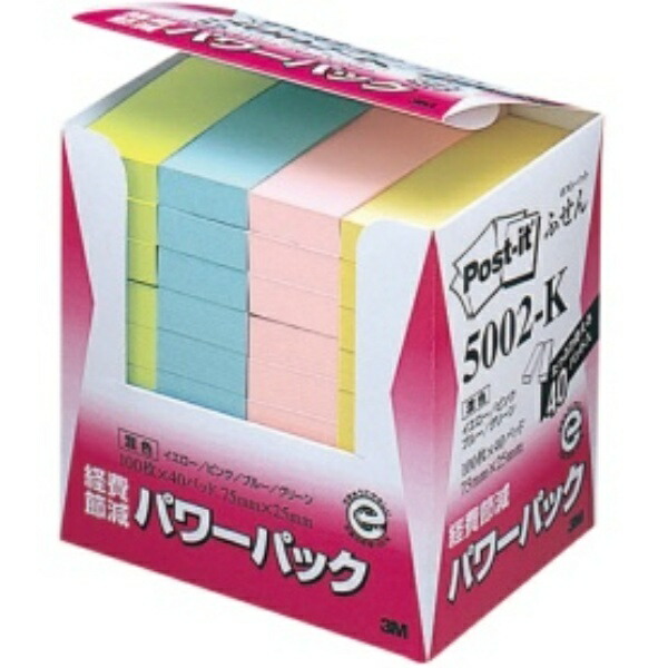 Post-it Notes, Sticky Notes, Pastel Colors, 75×25mm, 100 sheets per pad × 40 pads, 5002-K