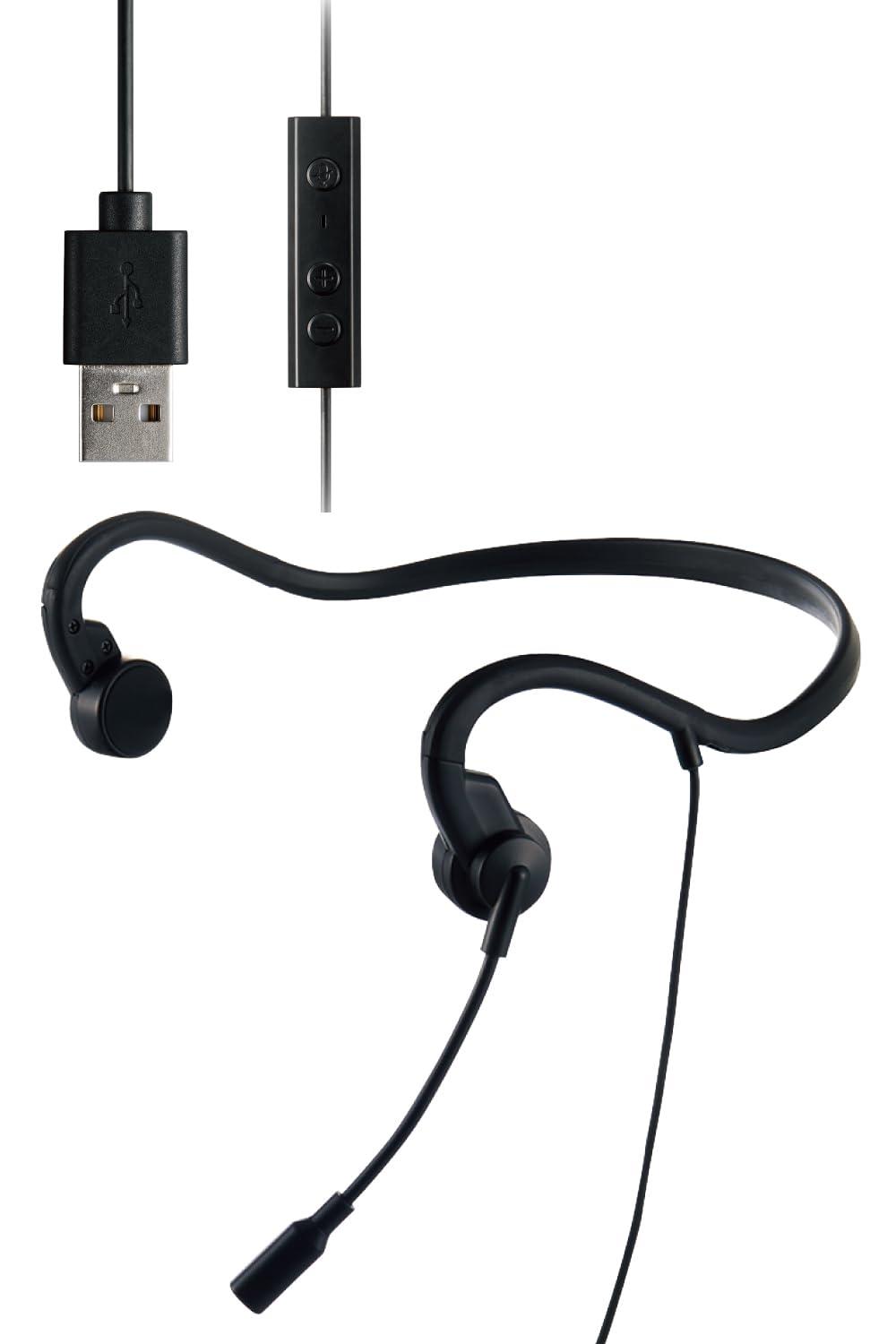 ELECOM Bone Conduction Earphones with Microphone Bone Conduction Headset, Wired USB-A Lightweight, No Pairing or Charging Required Hands-Free, Doesn't Block Your Ears, Won't Hurt Your Ears Web Conferencing, Online HS-BC05UBK