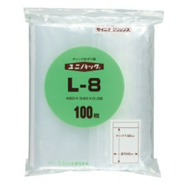 Seinichi Polyethylene Bags with Zipper Closure, Uni-Pack 0.08 Type L-8, 100 Sheets