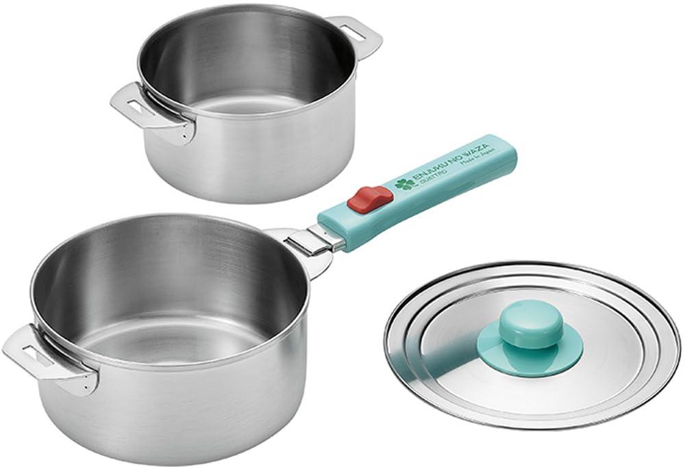 Yokoyama Tsubame Juku Craftsmanship Quattro Stainless Steel Pot 14cm & 16cm with Detachable Handle and Dual-Purpose Lid EJQ-800