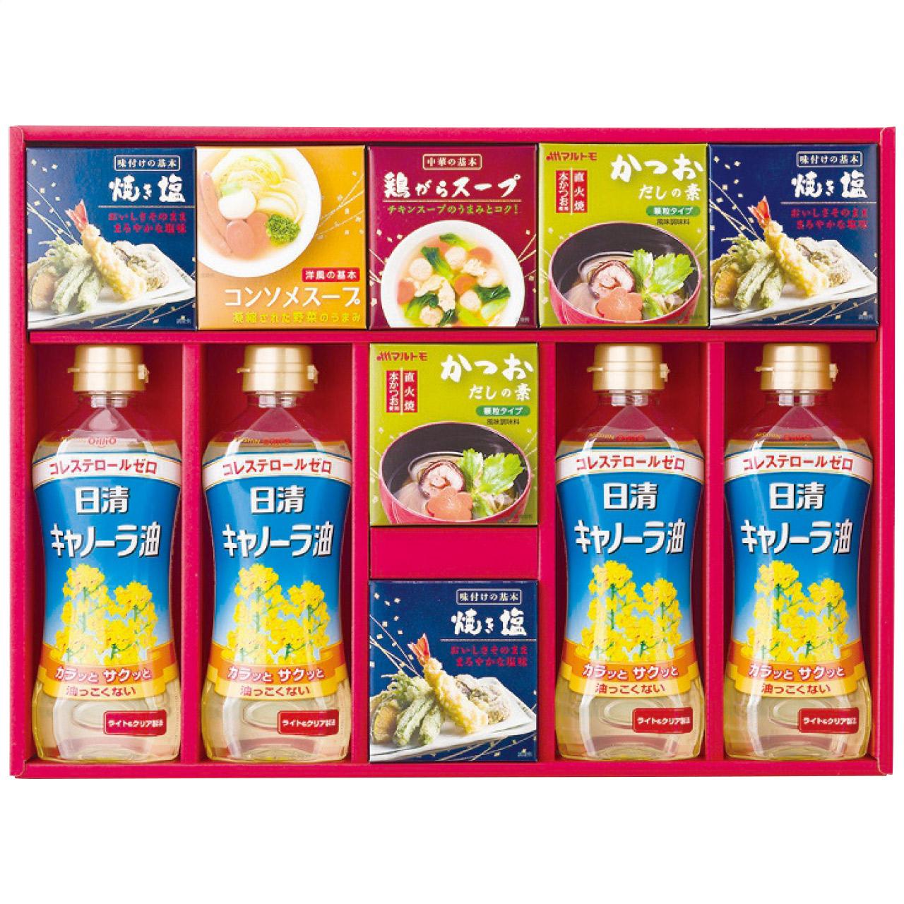 Variety Seasoning Gift Set (Nissin Canola Oil, Marutomo Bonito Flakes, Roasted Salt, Chicken Stock, Consommé Soup) Made in Japan 4226-054