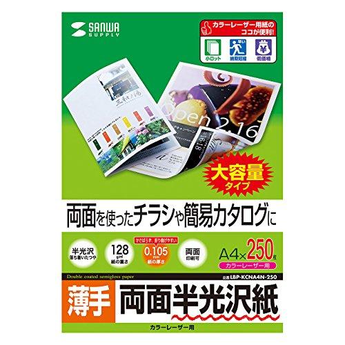 Sanwa Supply Semi-Gloss Paper for Color Laser Printers, Thin, A4, 250 Sheets LBP-KCNA4N-250
