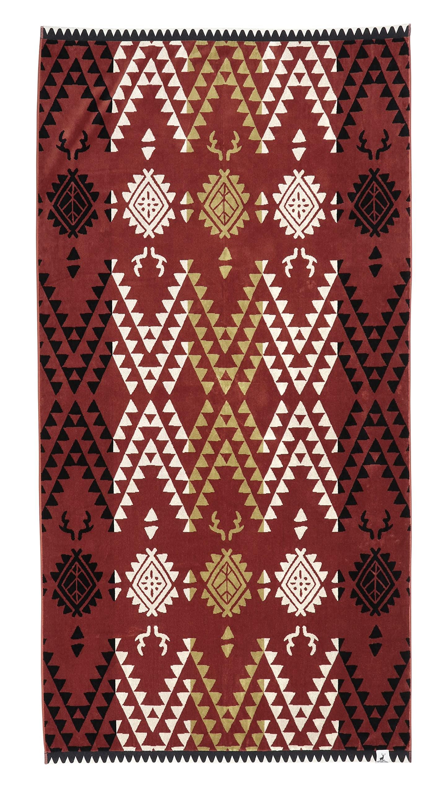 CAPTAIN STAG Oversized Towel Rug Cover Big Jacquard Towel 180×100cm 100% Cotton Navajo Pattern Red UD-74