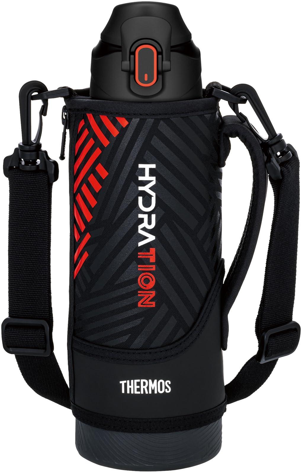 THERMOS Vacuum Insulated Sports Bottle 1L Black Orange (Keeps Cold Only) Kids' Size with Pouch and Shoulder-Friendly Strap FJS-1000F BKOR