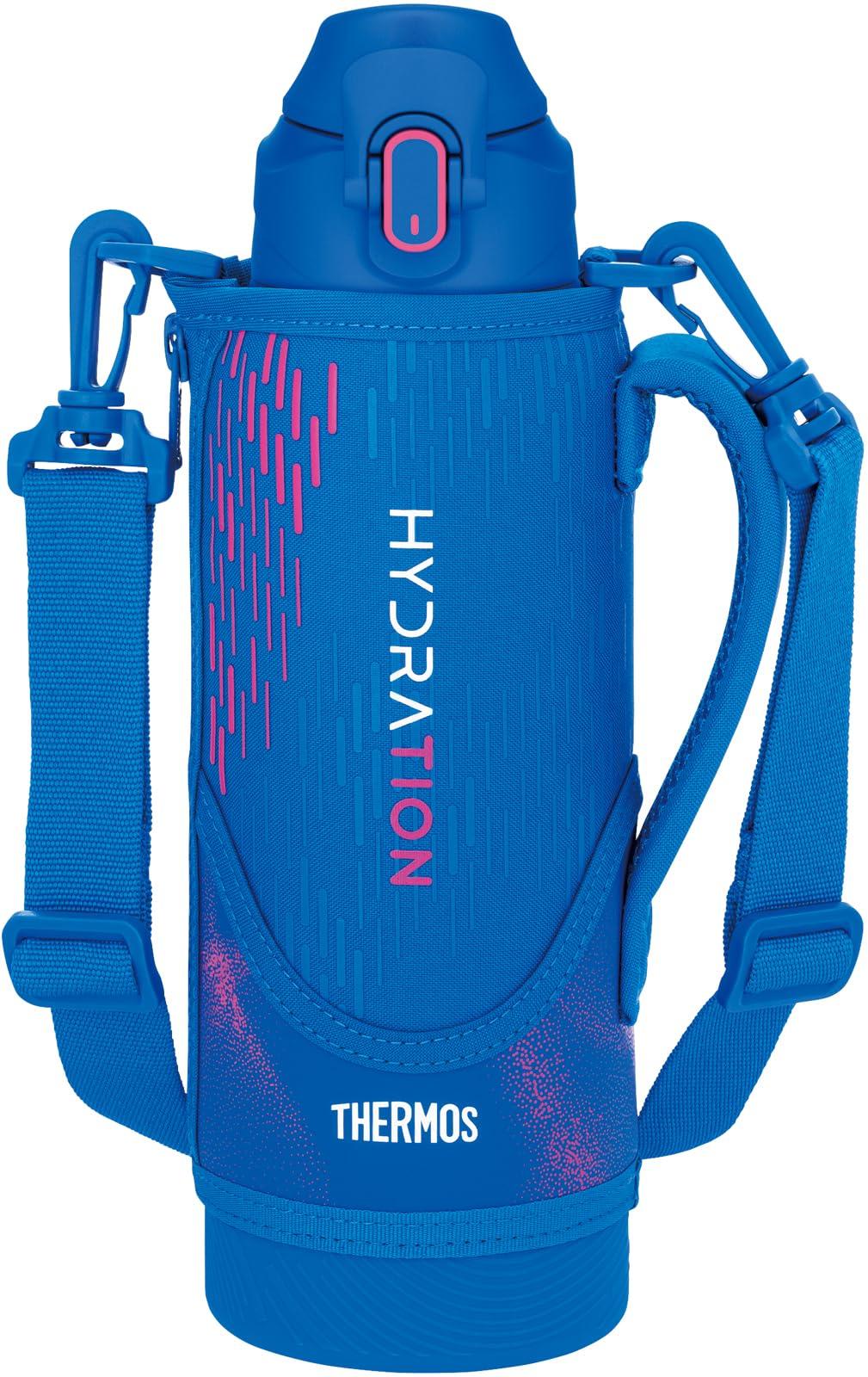 THERMOS Vacuum Insulated Sports Bottle 1L Blue Pink (Keeps Cold Only) Kids' Size with Pouch and Shoulder-Friendly Strap FJS-1000F BLP