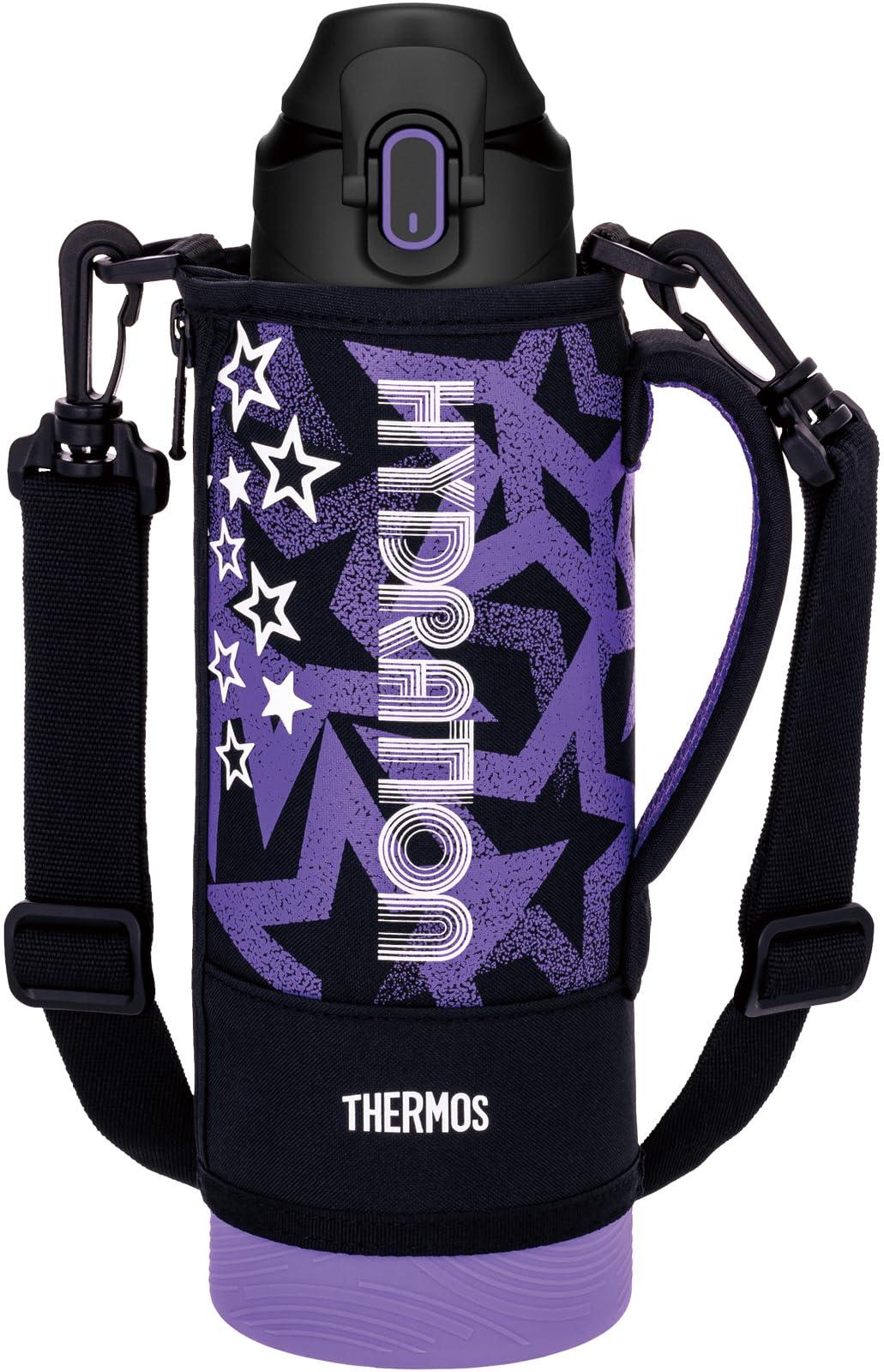 THERMOS Vacuum Insulated Sports Bottle 1L Black Purple (Keeps Cold Only) Kids' Size with Pouch and Shoulder-Friendly Strap FJS-1000F BKPL