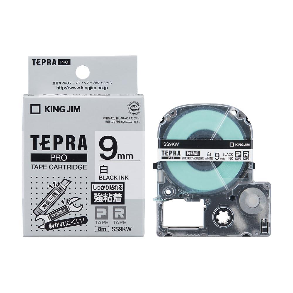 Kingjim Tepla PRO Tape Cartridge Strong Adhesive 9mm White Label/Black Text Length 8m SS9KW