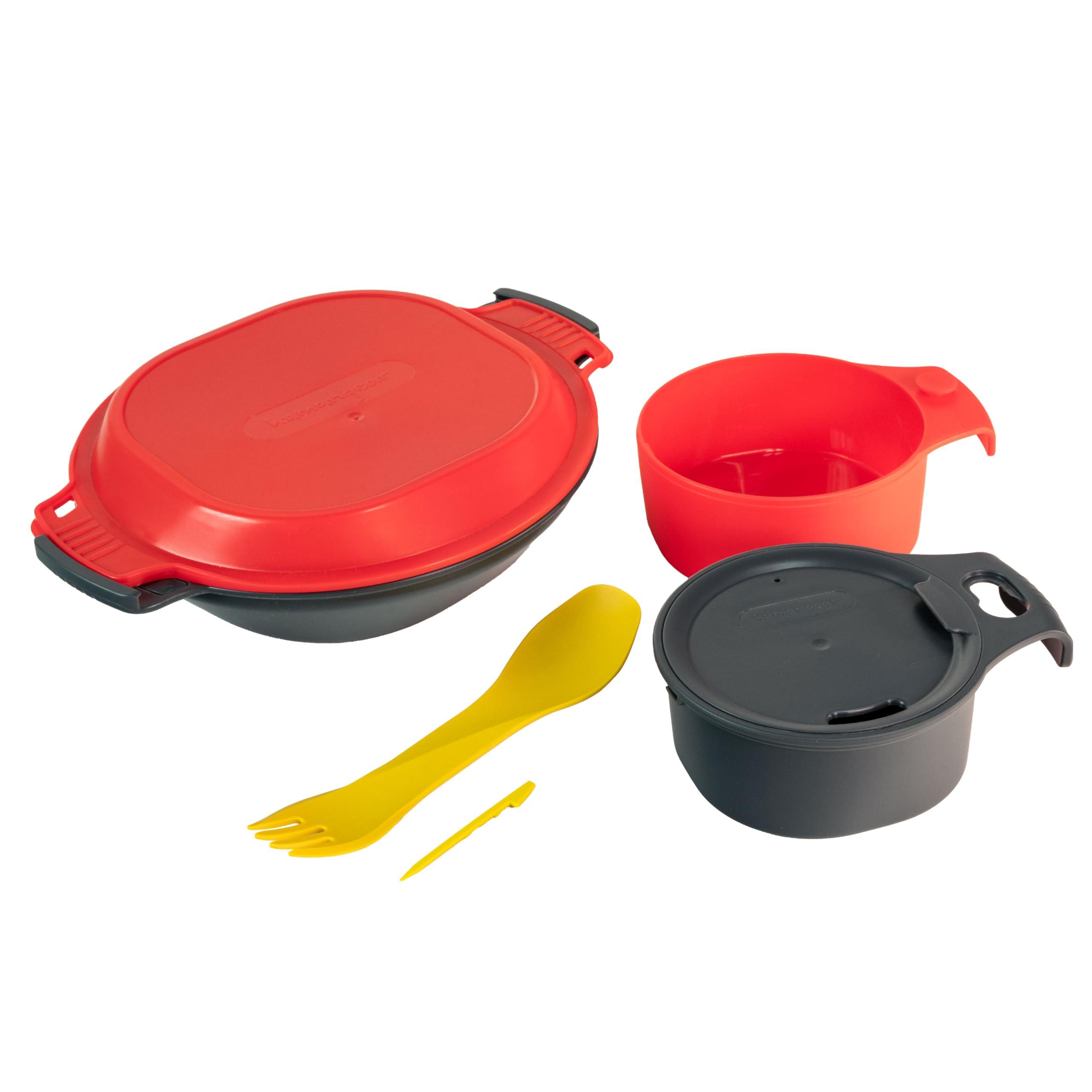 humangear GoKit Deluxe: 7-Tool Lightweight Camping Mess Kit with Portable Insulated Cup, Camp Plate, Bowl, Utensils, and Toothpick - Perfect for Camping on the Go Charcoal/Red