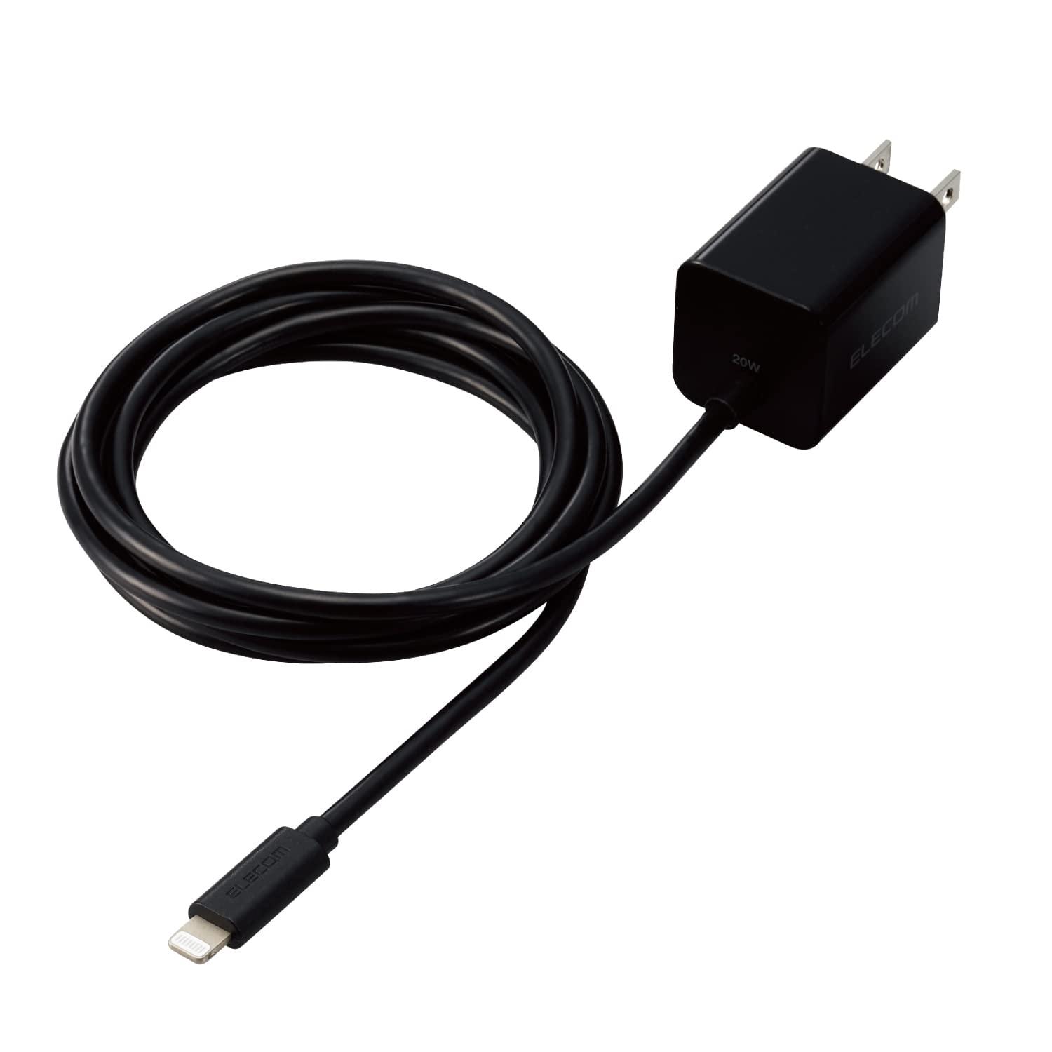 ELECOM iPhone Charger USB PD Compatible 20W Lightning Cable Integrated 1.5m Compact Foldable Plug Design Black MPA-ACLP05BK