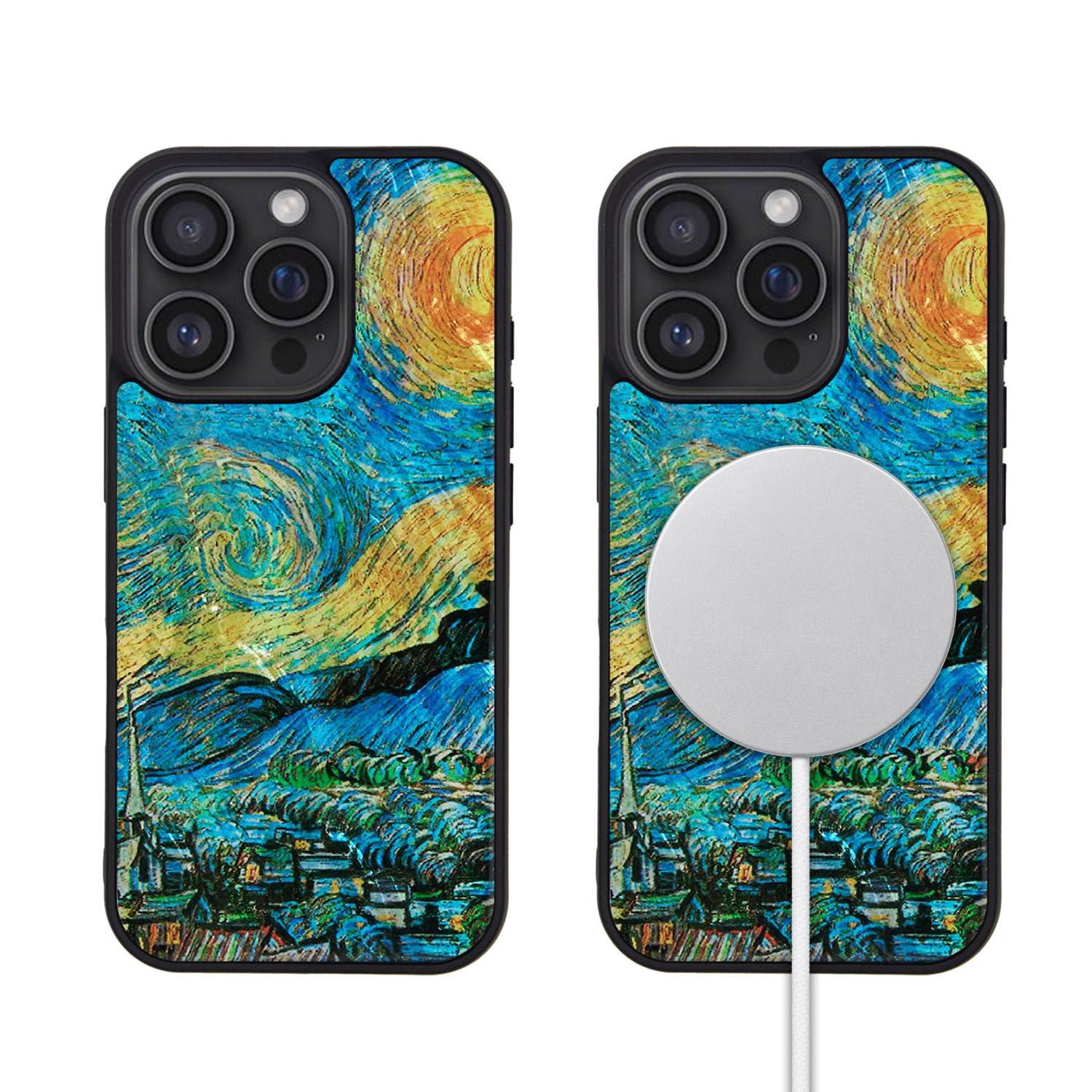 ikins iPhone 16 Pro Case Natural Shell Van Gogh [MagSafe Compatible, Pearl Gloss Surface Coating, Easy to Attach/Detach, Strap Hole Included, Wireless Charging] Masterpiece Series iPhone Protective Cover Starry Night I27082i16PR