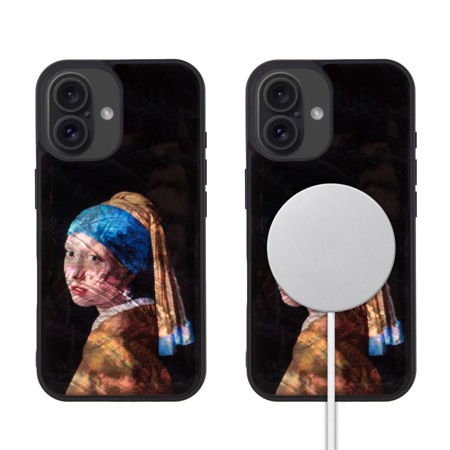 ikins iPhone 16 Case Natural Shell Girl with a Pearl Earring [MagSafe Compatible, Pearl Luster, Surface Coating, Easy to Attach/Detach, Strap Hole Included, Wireless Charging] Masterpiece Series iPhone Protective Cover I27087i16