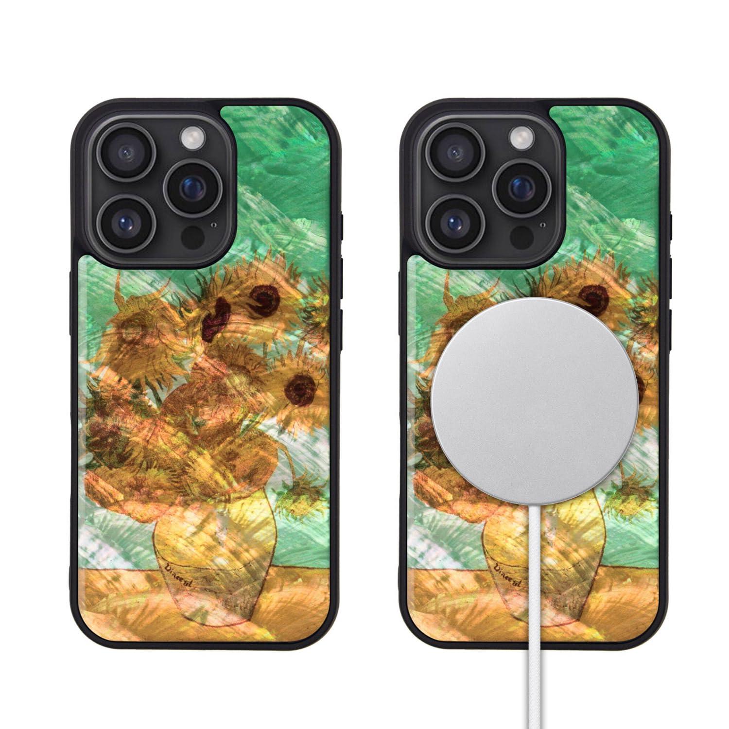 ikins iPhone 16 Pro Case Natural Shell Van Gogh [MagSafe Compatible, Pearl Gloss Surface Coating, Easy to Attach/Detach, Strap Hole Included, Wireless Charging] Masterpiece Series iPhone Protective Cover Sunflowers I27094i16PR