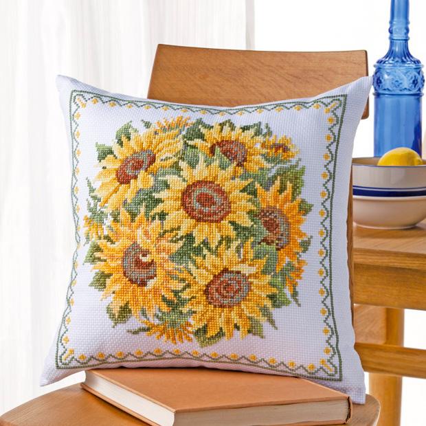 Olympus Silk Cross Stitch Embroidery Kit Beautiful Flowers Sunflower Round Bouquet White 6055