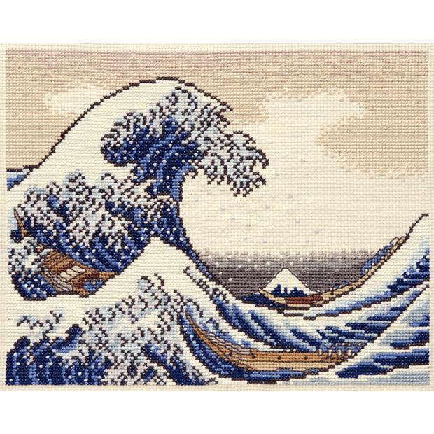 Olympus Silk Cross Stitch Embroidery Kit: Hokusai's Thirty-Six Views of Mount Fuji - Under the Wave off Kanagawa, Beige 7136