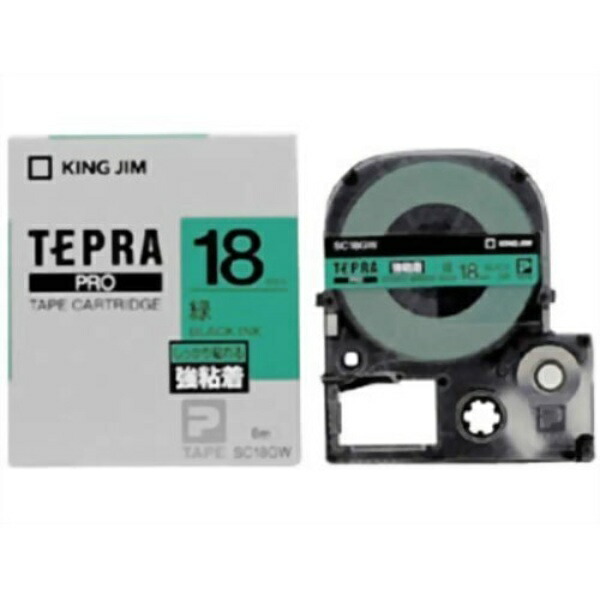 King Jim Tepla PRO Tape Cartridge Strong Adhesive 18mm Green Label/Black Text Length 8m SC18GW
