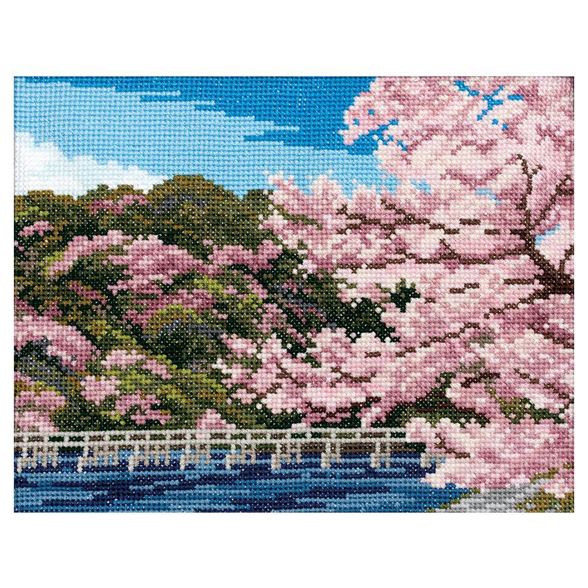 LECIEN Embroidery Kit COSMO: Seasons and Japanese Landscapes - Togetsukyo Bridge and Cherry Blossoms - Cross Stitch Kit No.522001