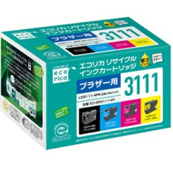 Ecolica Recycled Ink Cartridge 4-Color Pack [Brother: LC3111-4PK Compatible] ECI-BR3111-4P 1 Box (4 Cartridges: 1 Each Color)
