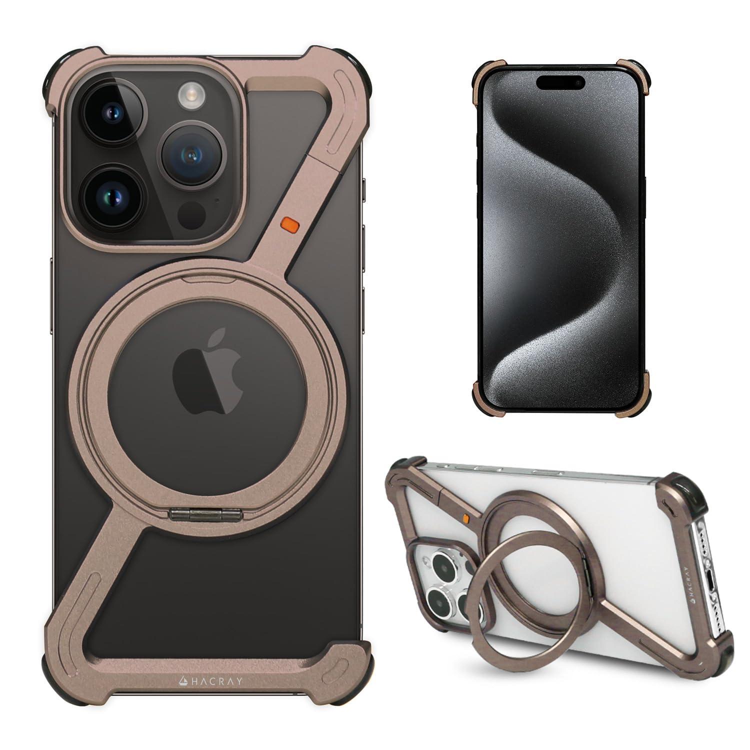 Hacray iPhone 16 Pro Case Aluminum Bumper 360° Rotating Magsafe-Compatible Ring Stand Case [Multi-Function Stand Aluminum Alloy Corner Airbags Shock Absorption High Durability Drop Prevention Smartphone Grip] HR27394i16PR Sand Brown