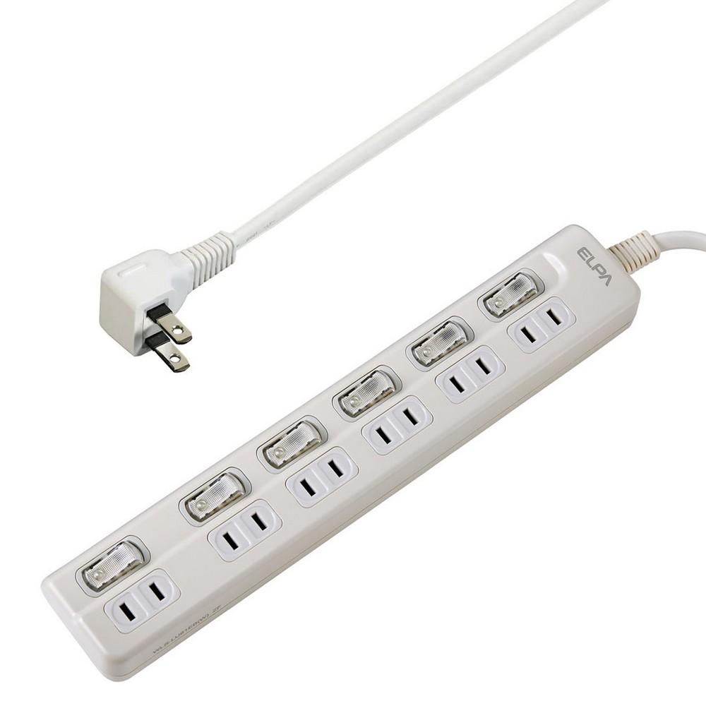 ELPA Power Strip with Individual Switches, Top-Mounted, 6 AC Outlets, 1m Cord Length WLS-LU61EB(W)