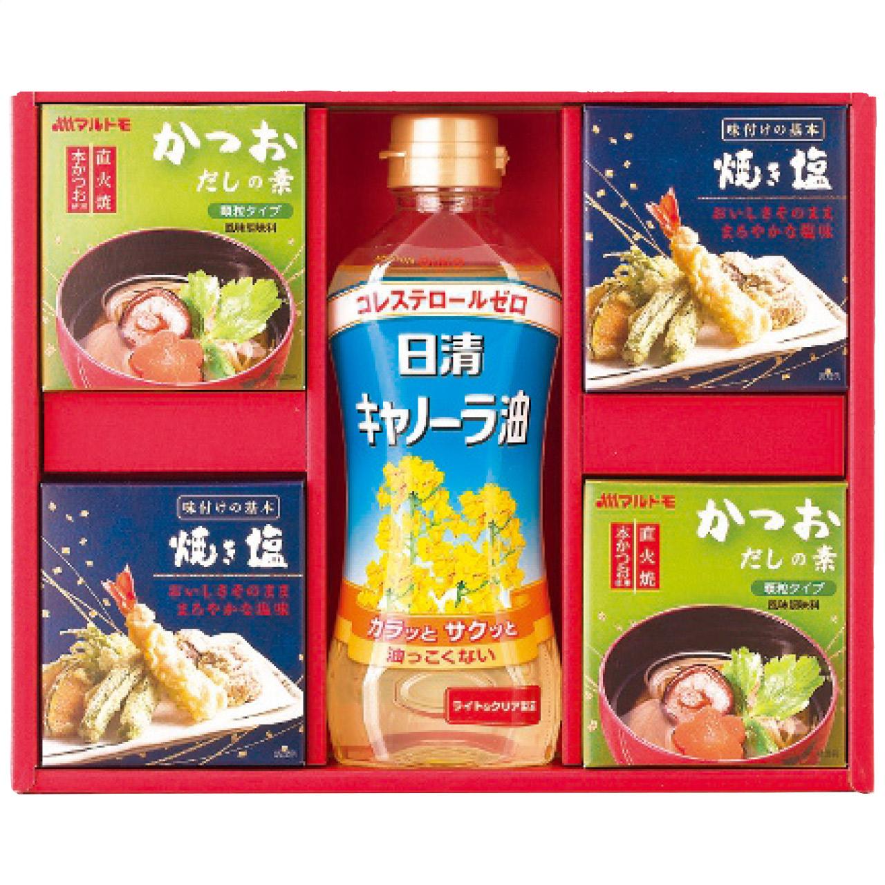 Variety Seasoning Gift Set (Nissin Canola Oil 350g × 1 bottle, Marutomo Bonito Flakes Seasoning 4g × 6 packets, Roasted Salt 20g × 2 packets, 2 boxes each) 4226-016
