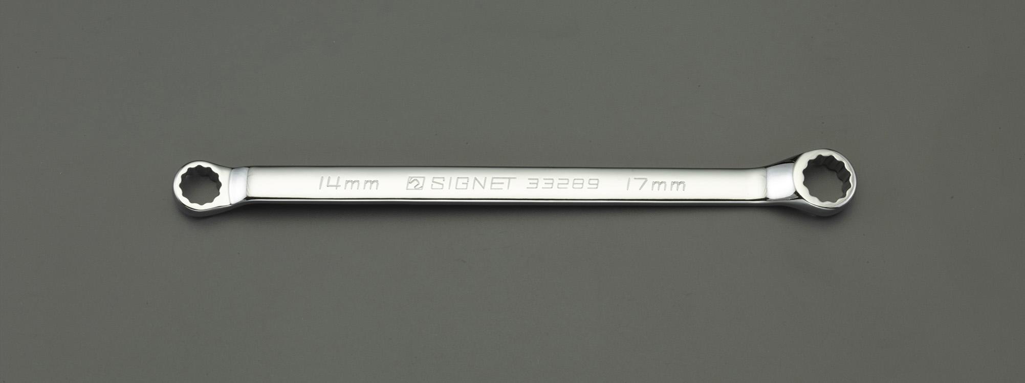 8x10mm Double-Ended Glasses Wrench (Compact Type) ● Size (mm): 8x10 ● Overall Length (L; mm): 184 ● Glasses Section Width (A/B; mm): 13.4/16.4 ● Glasses Section Thickness (C/D; mm): 5.8/6.8 ● Glasses Section Offset Angle (