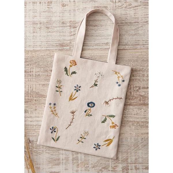 LECIEN Embroidery Kit COSMO Botanical Embroidery Series Flower Garden Mini Tote Pale Gray H21×W18cm No.92906