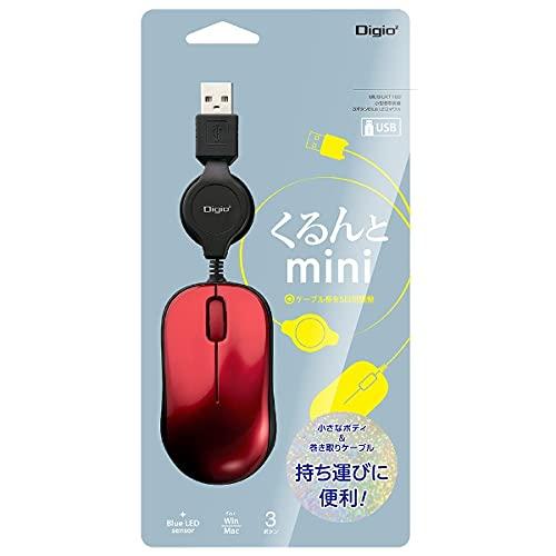 Digio2 Mouse Compact Retractable Wired 3-Button BlueLED Red MUS-UKT166R