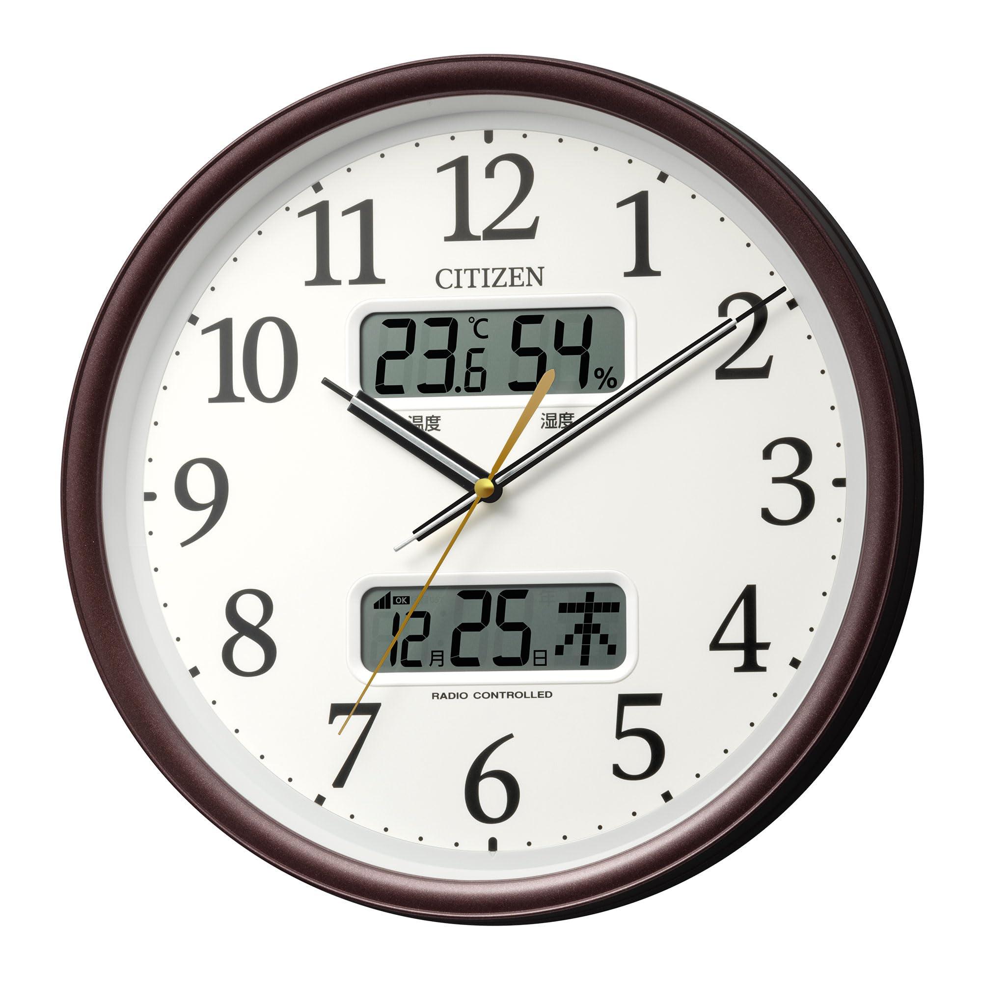 RHYTHM CITIZEN Wall Clock Radio-Controlled Analog Temperature Humidity Calendar (Digital LCD Display) Quiet Continuous Second Hand Brown Φ35x5.6cm CITIZEN 8FYA06-006