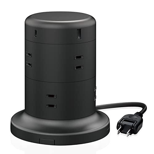 ELECOM Power Strip Tower Type Extension Cord [8 Outlets & USB-C×2 Ports USB×3 Ports] USB PD 45W Fixed Parts Included Surge Protector Dust Shutters 2m Black ECT-2120BK