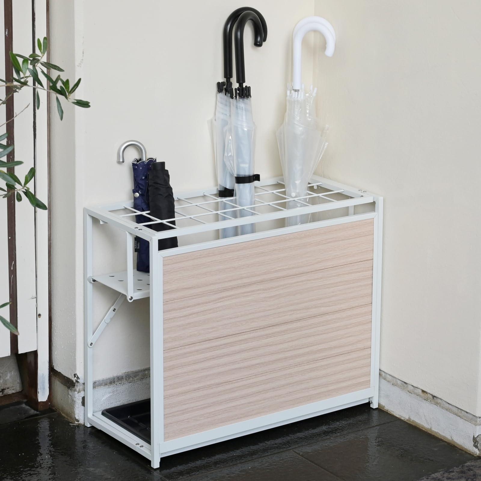 YAMAZEN Umbrella Stand for Foldable Umbrellas Lightweight, Foldable Design Holds 24 Umbrellas Outdoor Use Dimensions: W57.5 x D26.5 x H48.5cm Removable Water Tray Entrance Storage Rack Natural Finish KAUR-24(NA)