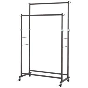 YAMAZEN Double Clothes Rack with Casters, Sturdy, Width 91.5 x Depth 43 x Height 109.5/114~169cm (12-step height adjustment in 5cm increments), Total Load Capacity 80kg, Easy to Move Even with Heavy Load, Large Capacity Clothing Storage, Assembly Required, Dark Brown DDSH-W(DBR)