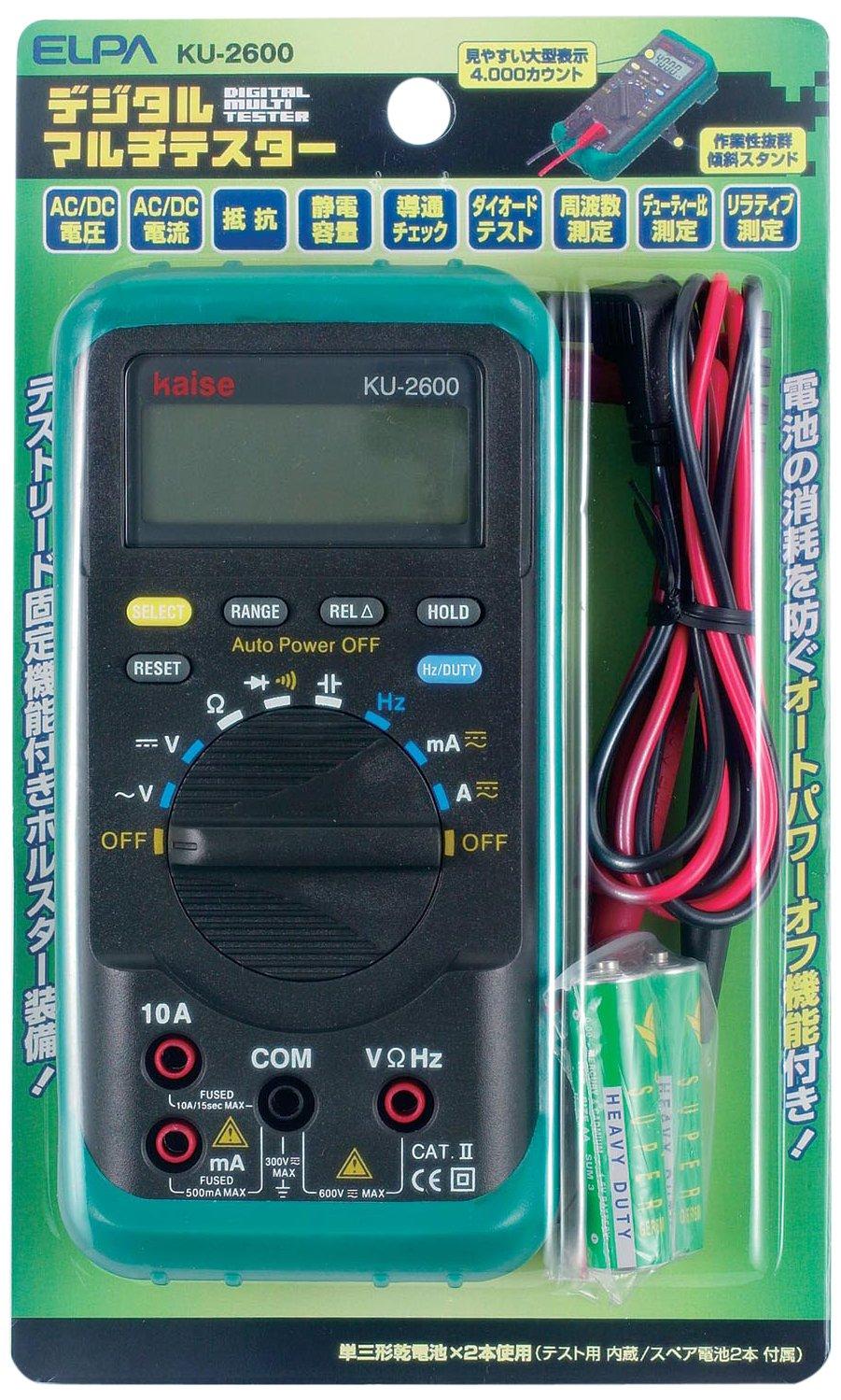 ELPA Digital Multimeter (with Continuity Function/Auto Power-Off) Continuity Buzzer/LCD Display/Compact Size (KU-2600)