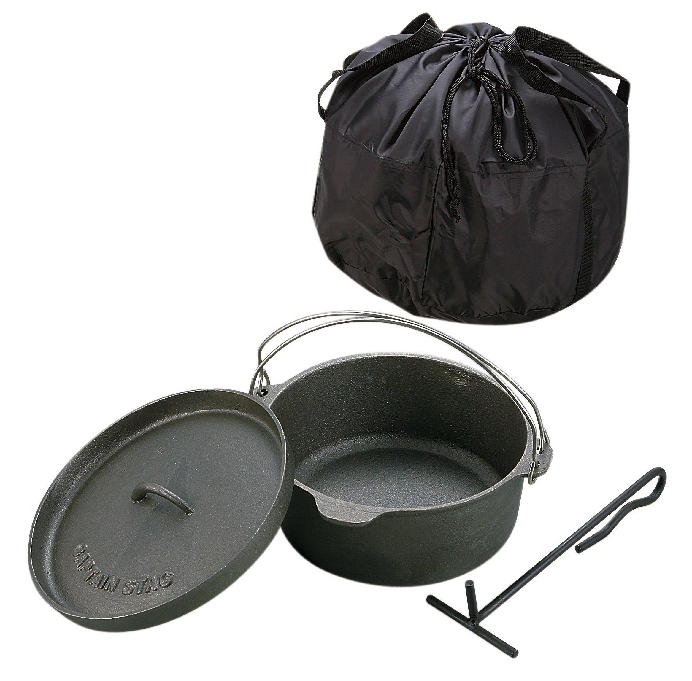 CAPTAIN STAG Camping Barbecue Dutch Oven Set Cast Iron 25cm with Lid Lifter and Storage Bag Seasoning Not Required UG-3048