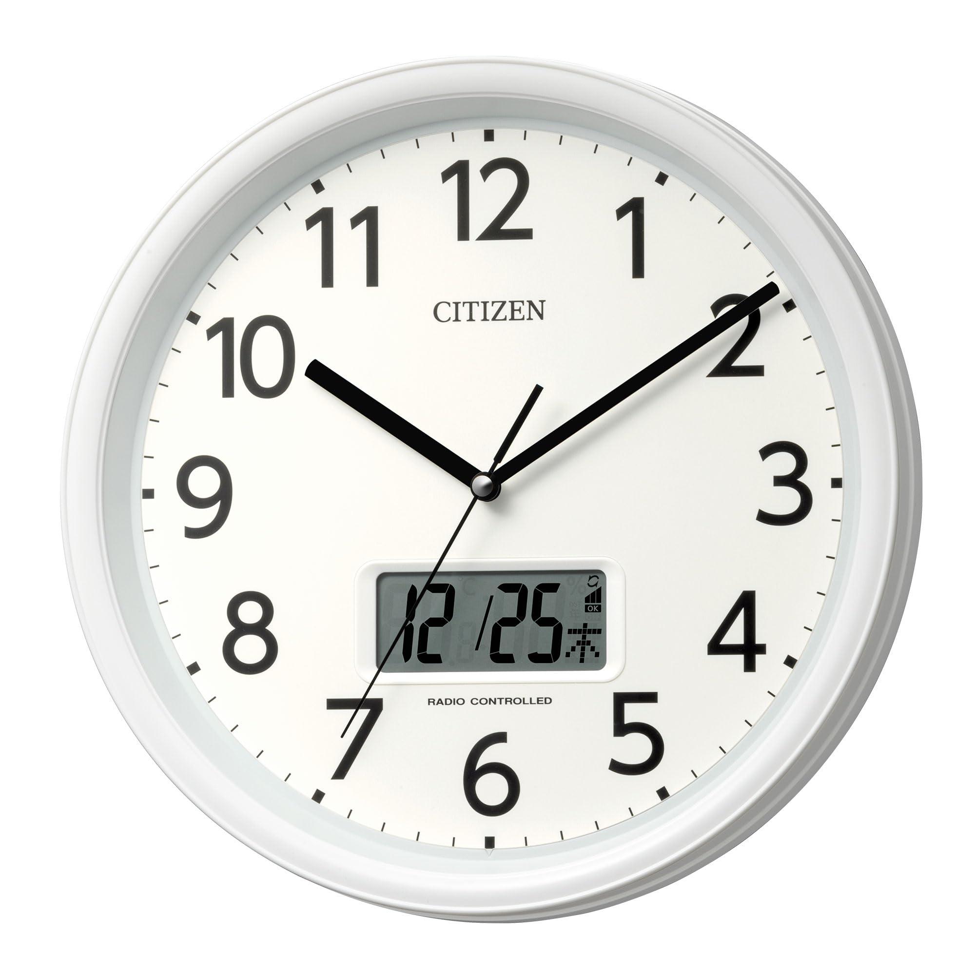RHYTHM CITIZEN Wall Clock Radio-Controlled Analog Temperature Humidity Calendar (Digital LCD Display) Quiet Continuous Second Hand White Φ30x5.1cm CITIZEN 8FYA05-003