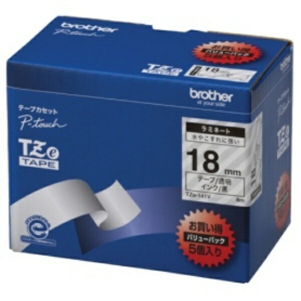 Brother Industries TZe Tape Laminating Tape (Transparent Base/Black Text) 18mm 5-Pack TZe-141V