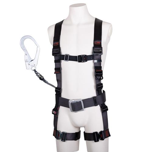 Fall Arrest Device (Full Body Harness with Retractable Lanyard) Black Shoulder Straps: Width 45 Chest Strap: Width 30 Waist Strap: Width 50 Thigh Straps: Width 45